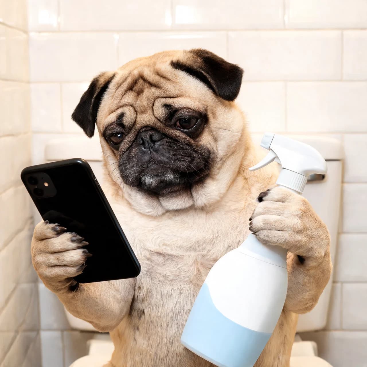 A pug holding a Tidy Tails sanitizing spray bottle